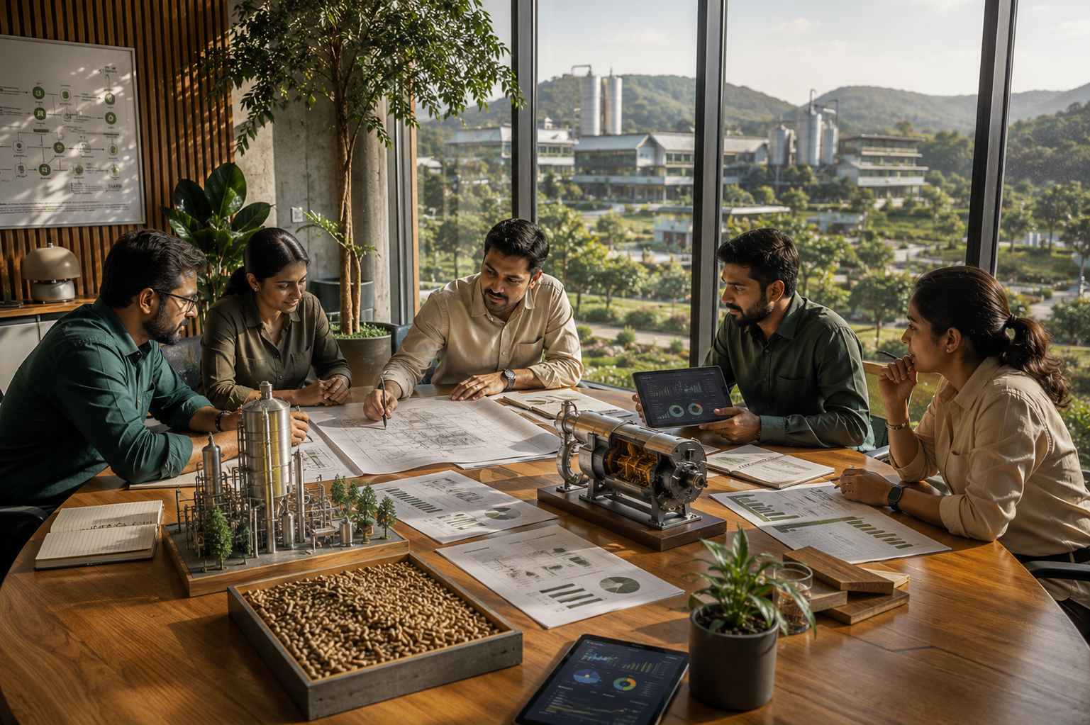 Team reviewing sustainability project plans around a table with model buildings and solar panel mockups