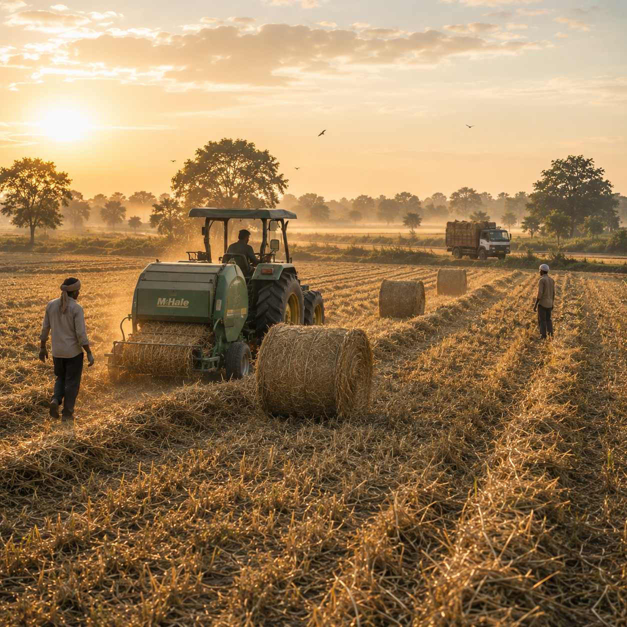 Farmers collecting agricultural residue in a field