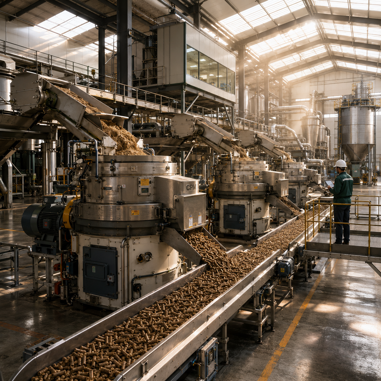 Industrial processing equipment compressing biomass material
