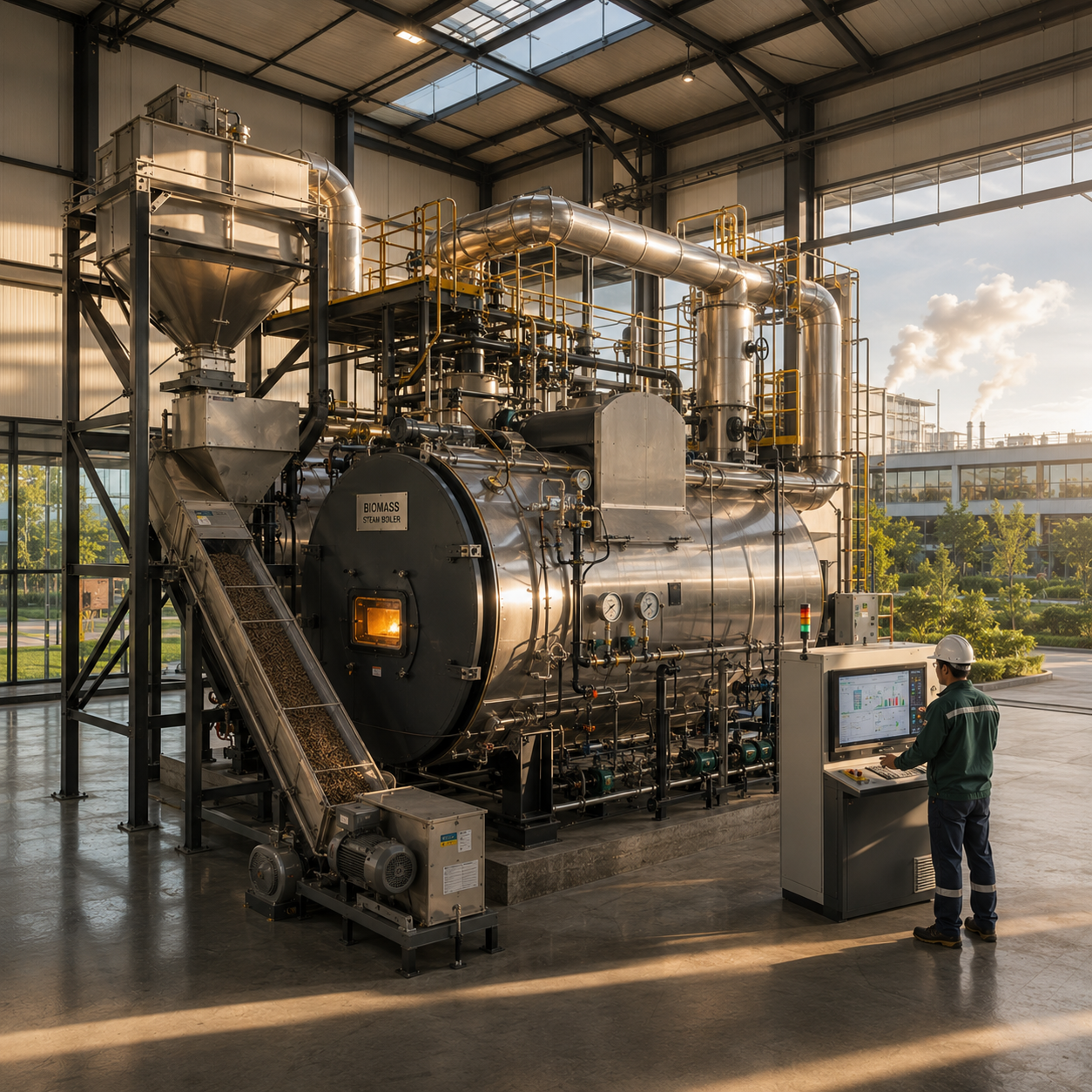 Engineer commissioning an industrial boiler for biomass fuel operation