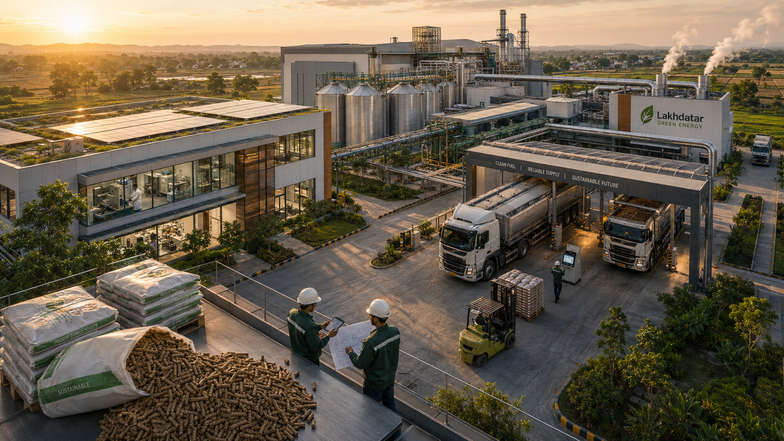 Industrial biomass pellet production facility with rooftop greenery